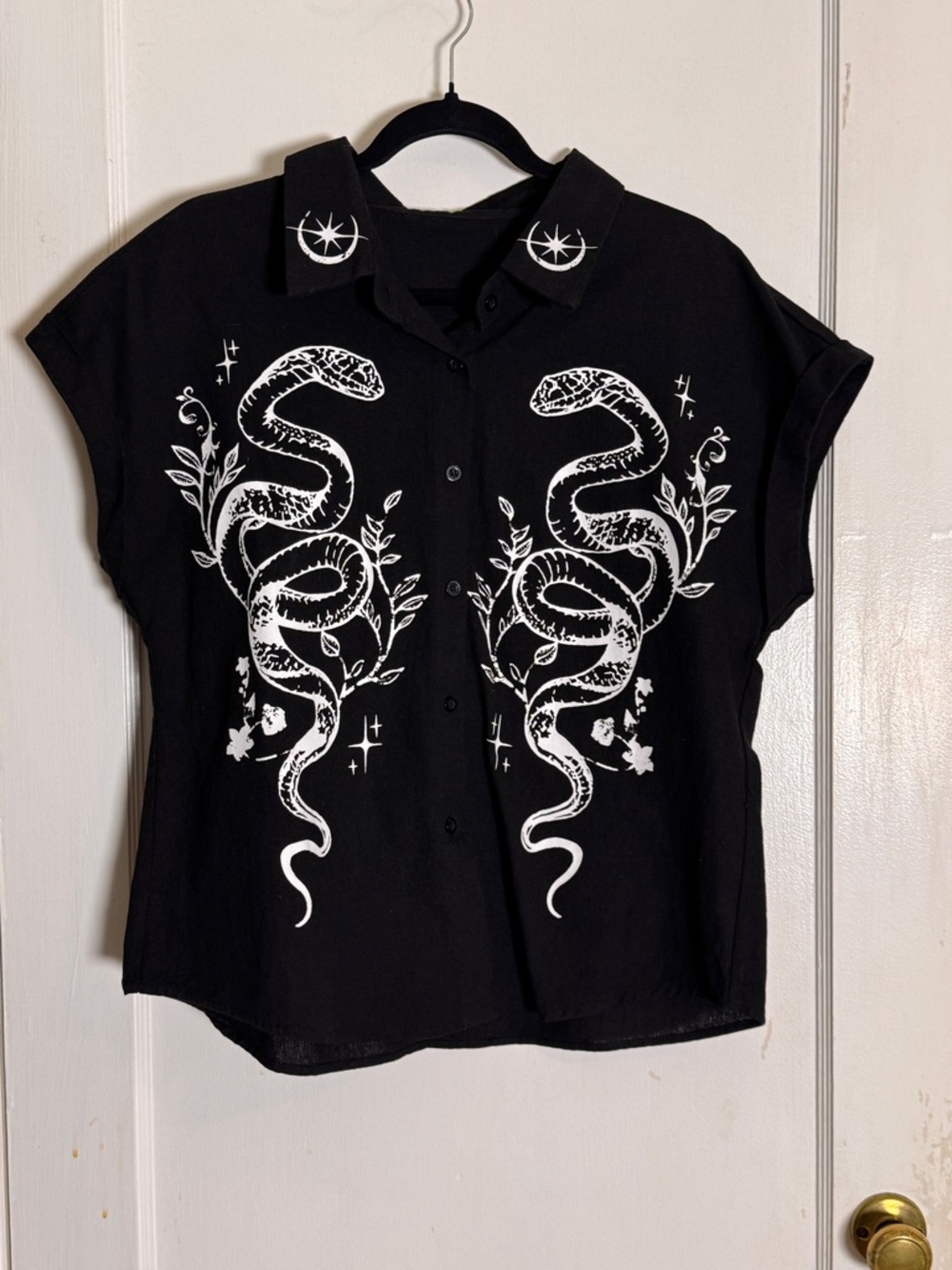 Whimsigoth linen-blend Black Button-Up Shirt with White Snake Graphic